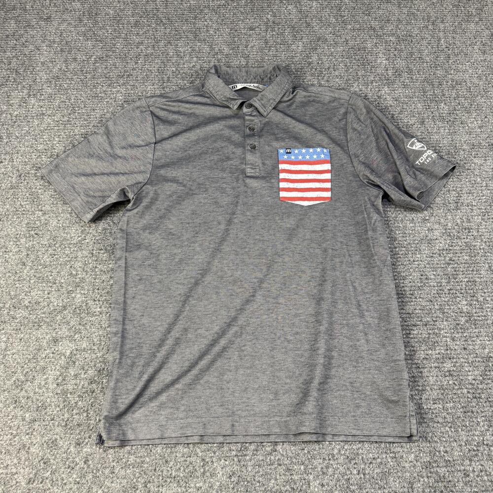 Travis Mathew Polo Shirt Mens Medium Gray American Flag Pocket Golf LOGO